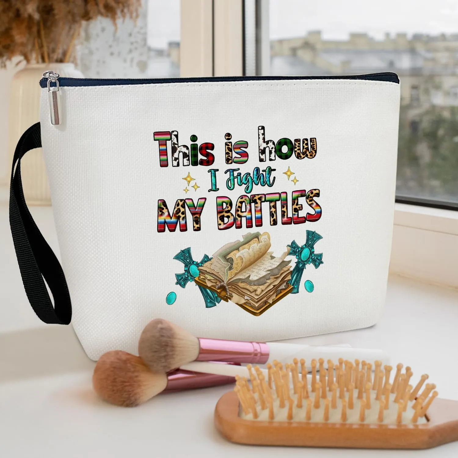 Christian Cosmetic Bag for Women,Bible Verses Gifts for Friend Mother Coworker Travel Essentials Purse Toiletry Pouch Cosmetic Bag with Zipper(This is How I Fight my battle)/35