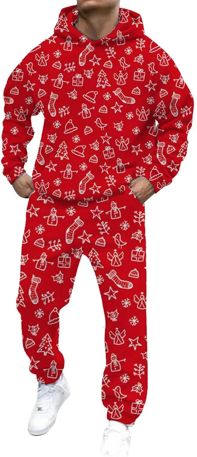 Christmas Tracksuit for Men 2 Piece Xmas Printed Long Sleeve Hooded Sweatshirt Long Pants Trendy Loose Winter Outfits
