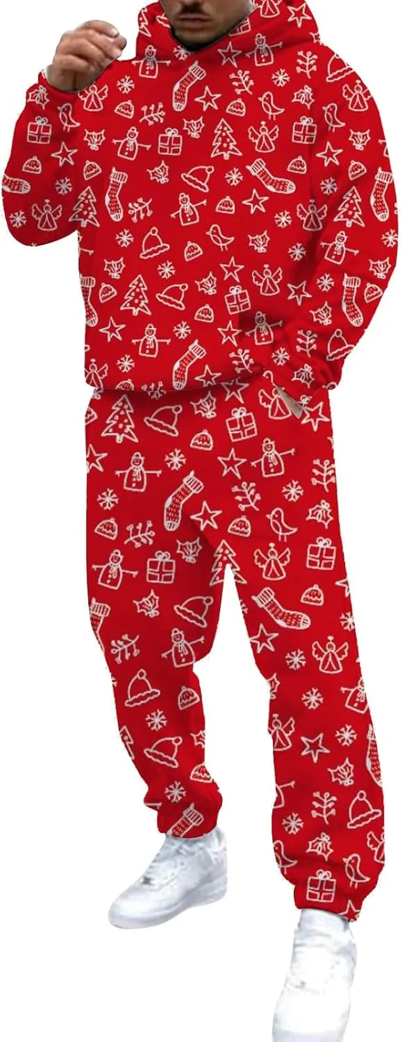 Christmas Tracksuit for Men 2 Piece Xmas Printed Long Sleeve Hooded Sweatshirt Long Pants Trendy Loose Winter Outfits