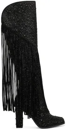 CKSNDLF Women's Tassel Rhinestone Boots Square Toe Chunky Heel Knee-High Boots