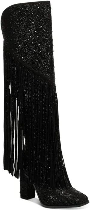 CKSNDLF Women's Tassel Rhinestone Boots Square Toe Chunky Heel Knee-High Boots