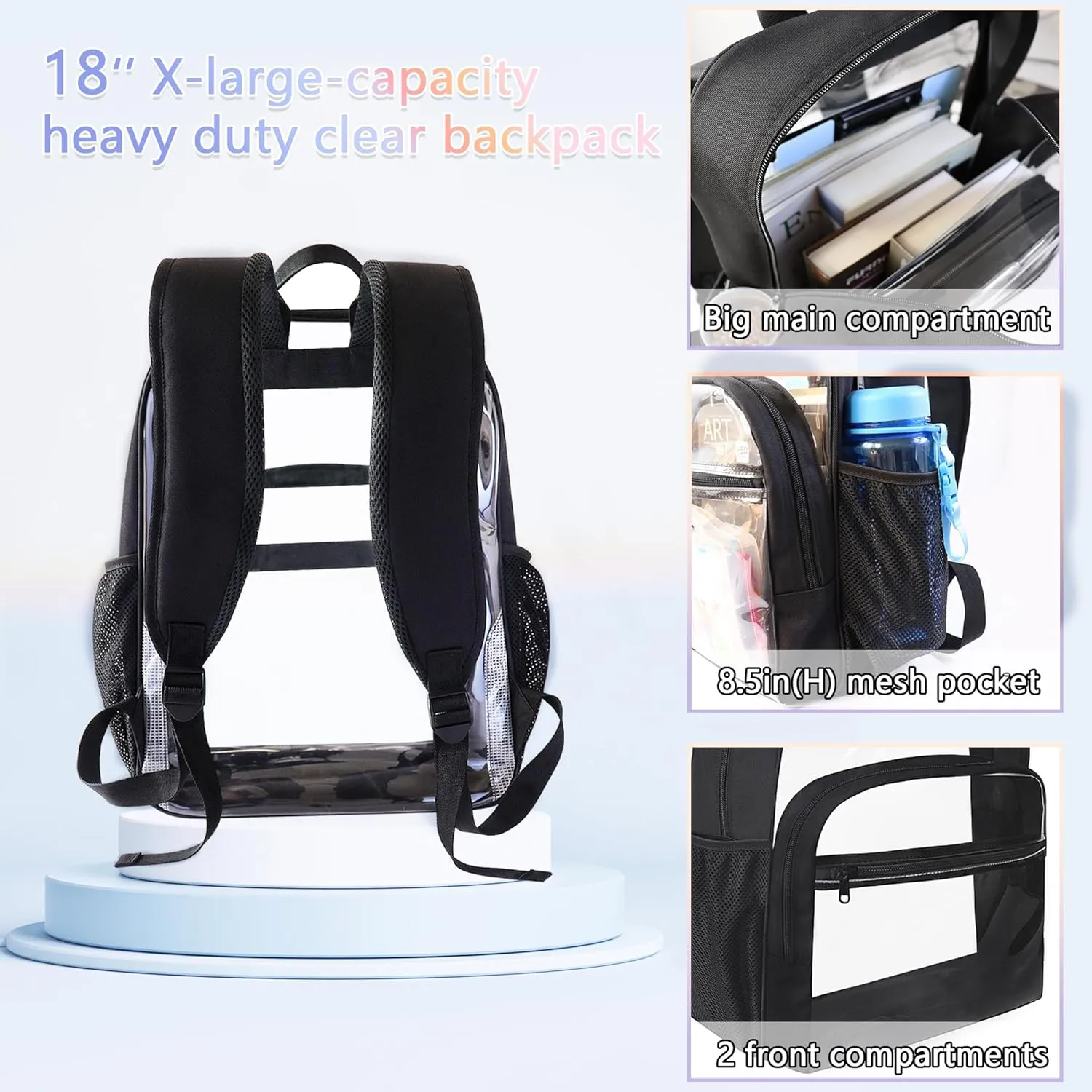 Clear Backpack for School, Heavy Duty Transparent Backpack with 0.6 mm PVC Bookbag 18 inch Clear Bag,Gray