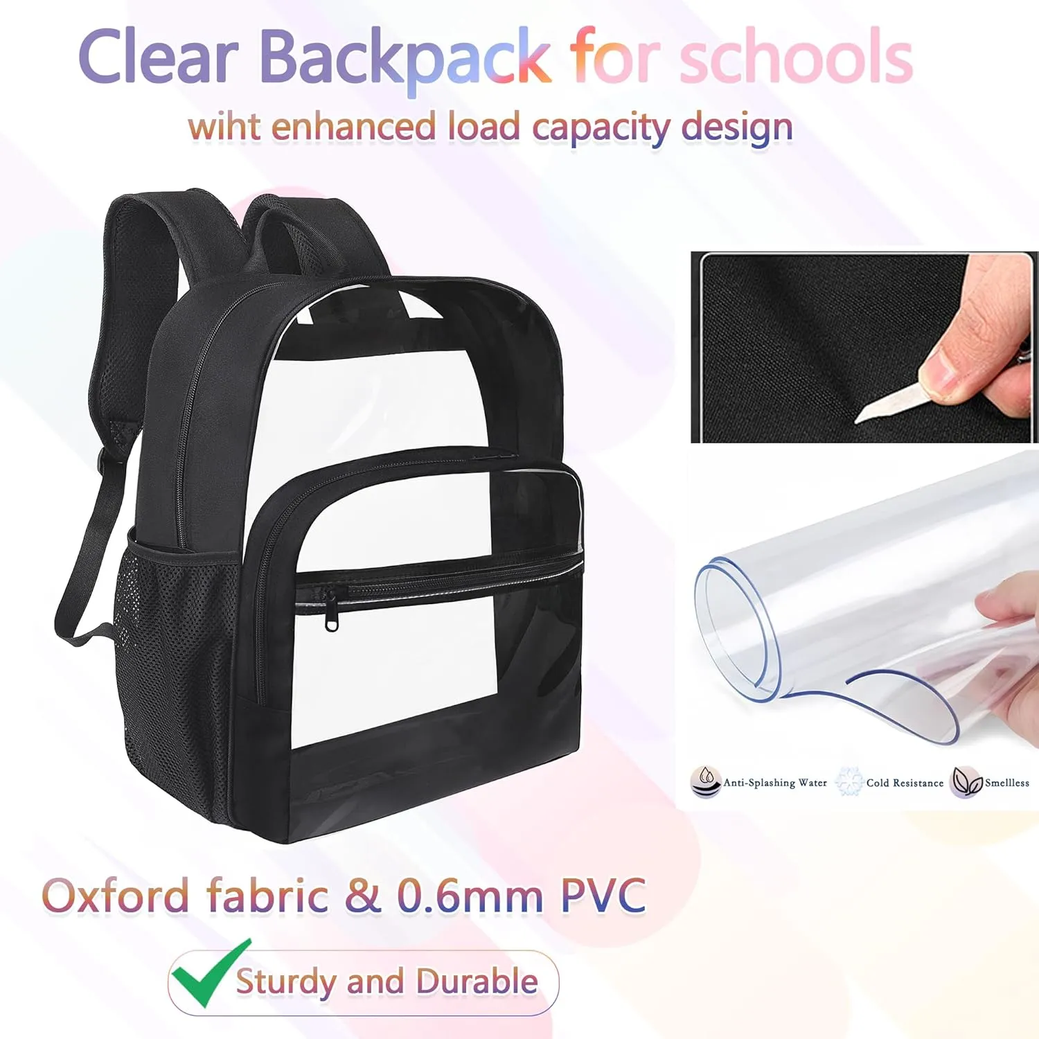 Clear Backpack for School, Heavy Duty Transparent Backpack with 0.6 mm PVC Bookbag 18 inch Clear Bag,Gray