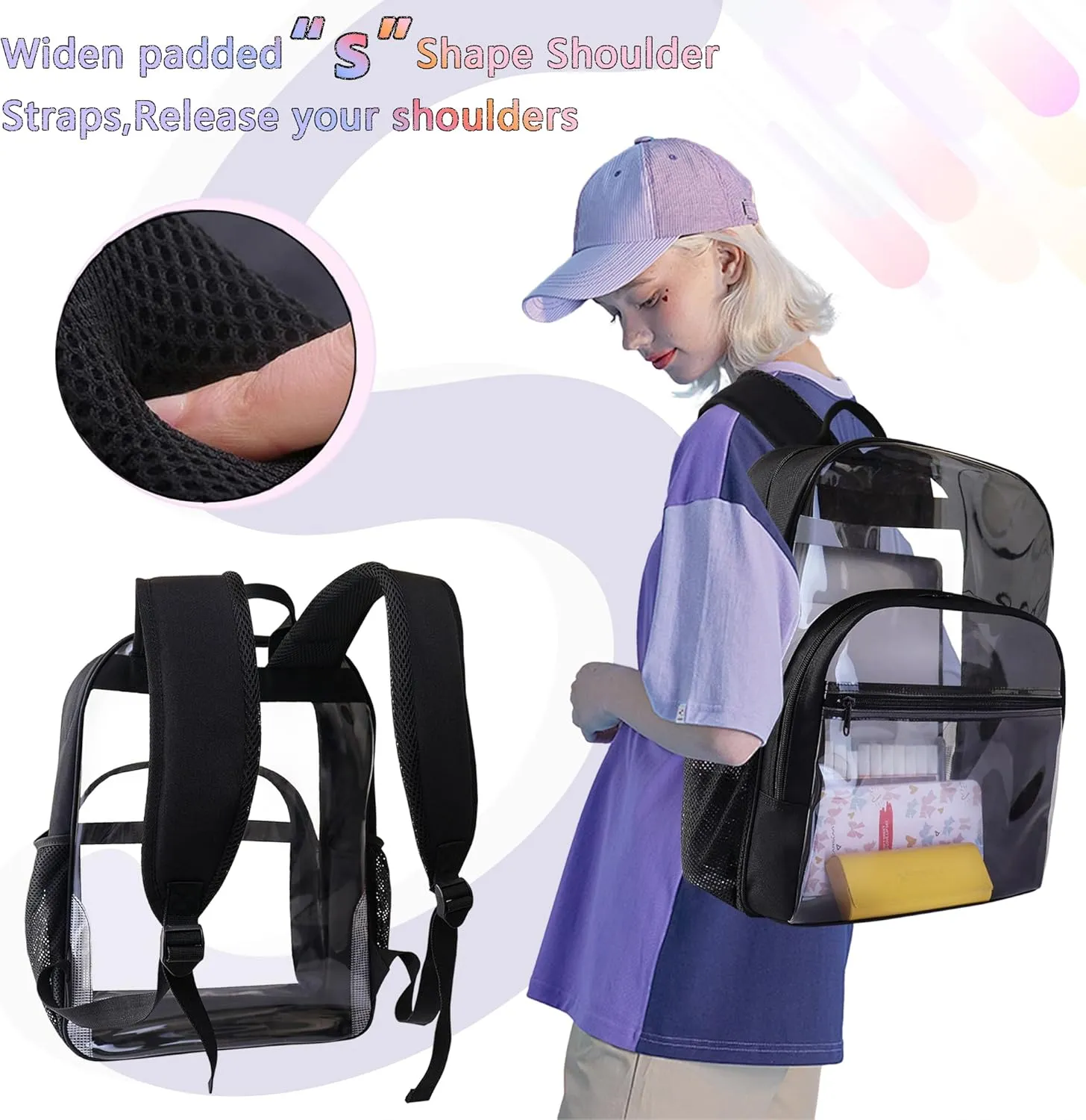Clear Backpack for School, Heavy Duty Transparent Backpack with 0.6 mm PVC Bookbag 18 inch Clear Bag,Gray