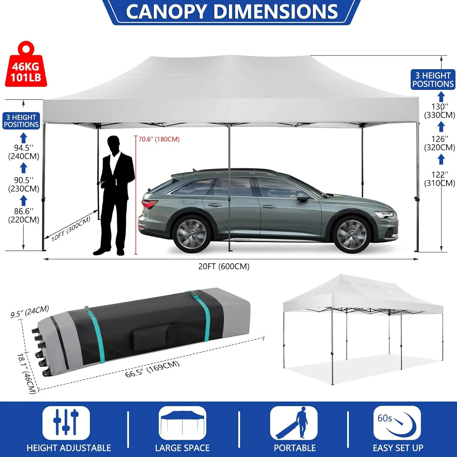 COBIZI 10x20 Pop up Canopy Tent Heavy Duty Without Sidewalls, Easy Set-up Commercial Outdoor Party Tent, 100% Waterproof Wedding Tent Gazebo, 3 Height Adjustable with Wheeled Bag, White