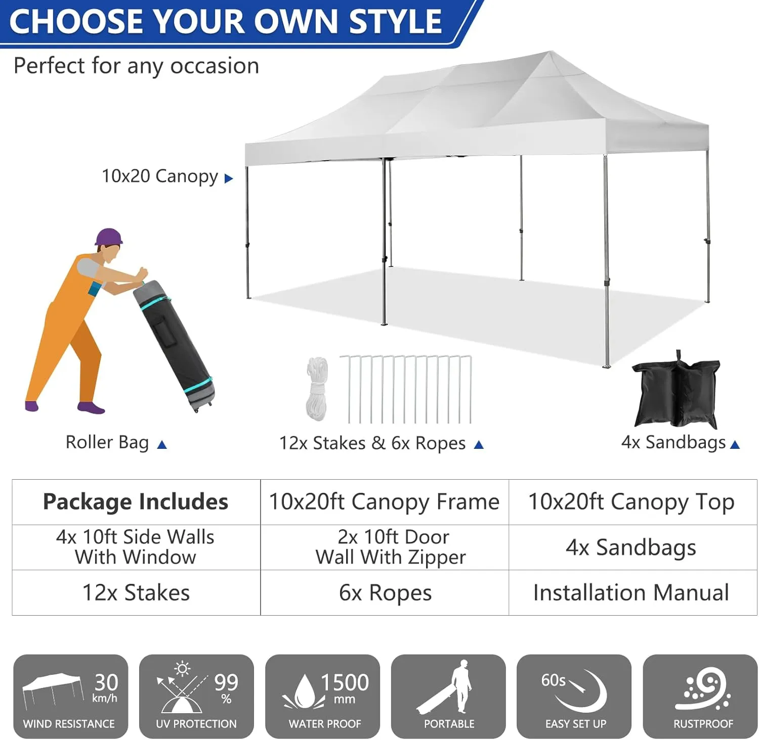 COBIZI 10x20 Pop up Canopy Tent Heavy Duty Without Sidewalls, Easy Set-up Commercial Outdoor Party Tent, 100% Waterproof Wedding Tent Gazebo, 3 Height Adjustable with Wheeled Bag, White