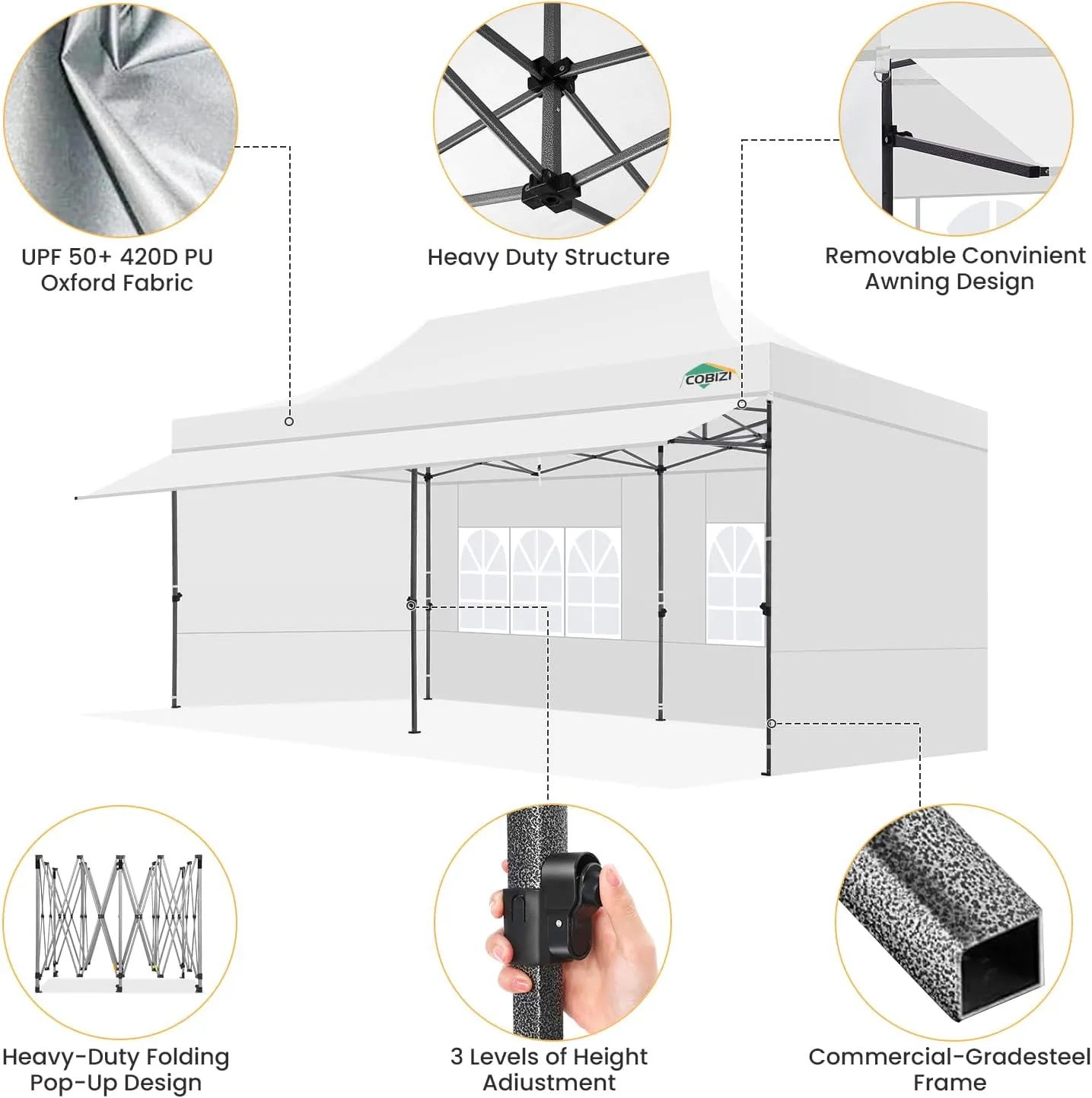 COBIZI 10x20 Pop Up Canopy Tent with Awning & Sidewalls, Commercial 10X20 Canopy Tents Instant Waterproof, UPF 50  Sun Shade for Outdoor, Parties, Markets (White)