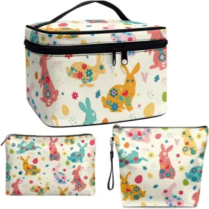 COEQINE 3 Piece Makeup Bag Set Travel Toiletry Bag for Women Colorful Easter Eggs Bunny Gift for Ladies Portable Leather Makeup Organizer for Travel Wash Bag Leather Wateproof Makeup Accessories