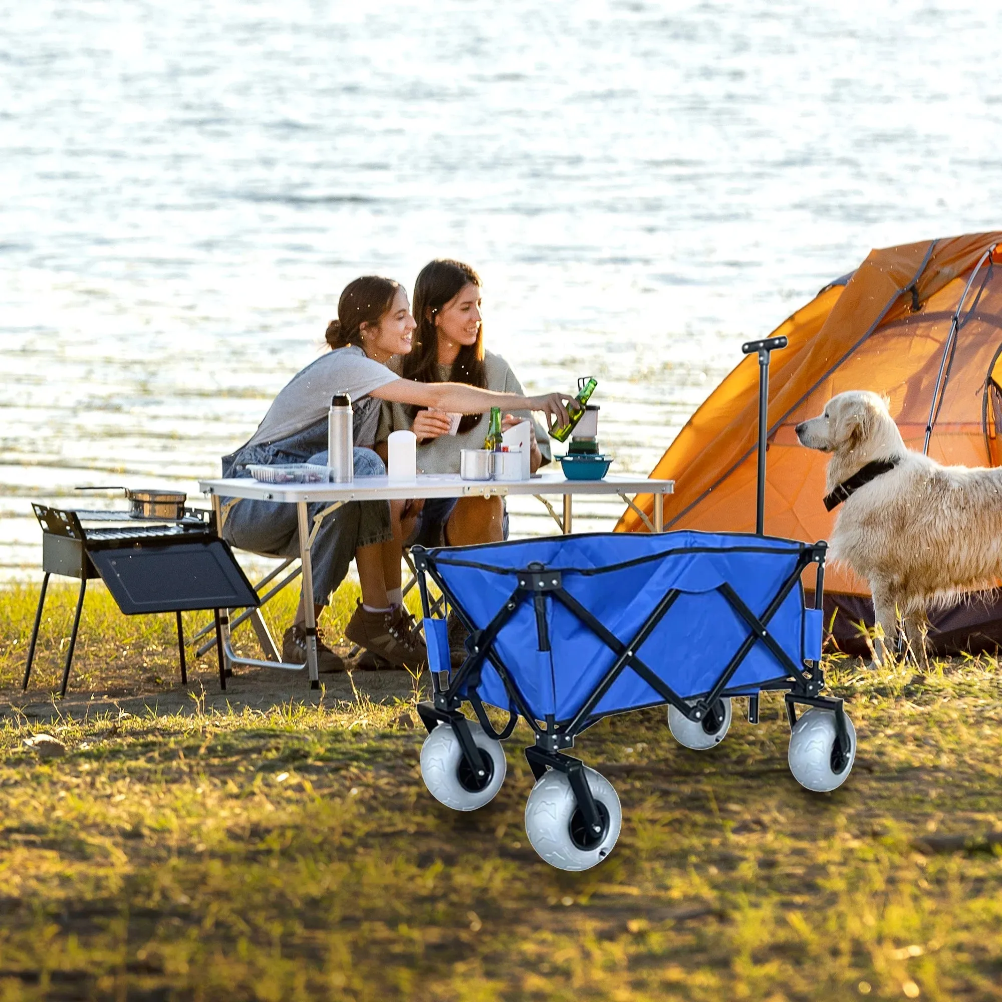 Collapsible Beach Utility Wagon – Heavy-Duty Folding Cart with Cover Bag (Blue)