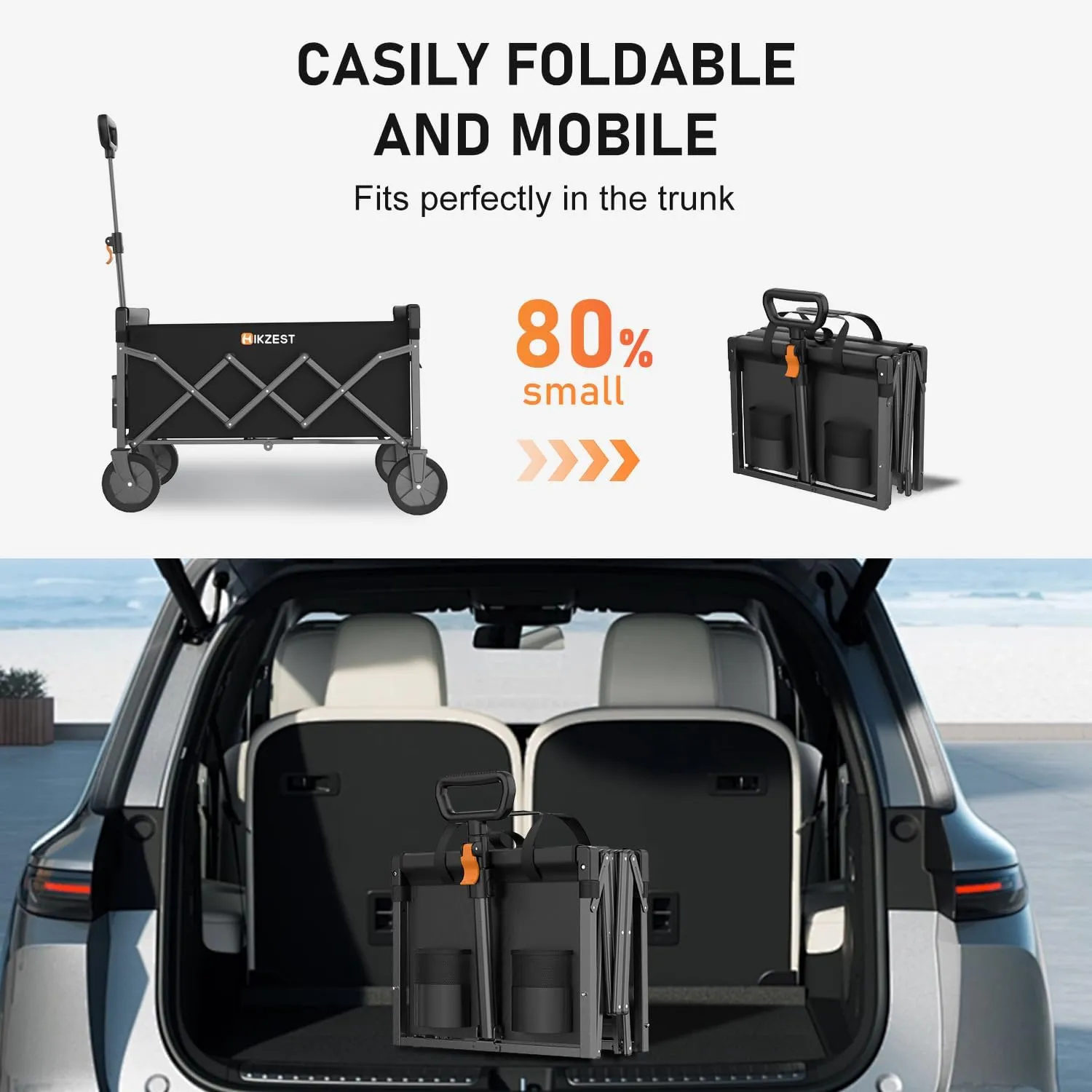 Collapsible Wagon Cart Foldable, Portable Heavy Duty Folding Garden Wagons with Wheels, Utility Grocery Shopping Cart for Outdoor, Sport, Camping, Black