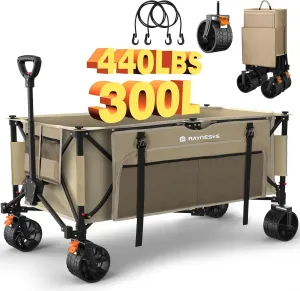 Collapsible Wagon Cart with Wheels, Foldable 440lbs 300L Heavy Duty Folding Wagon for Sports, Beach, Grocery, Camping, Coffee Brown - Upgraded Effortless Elegance