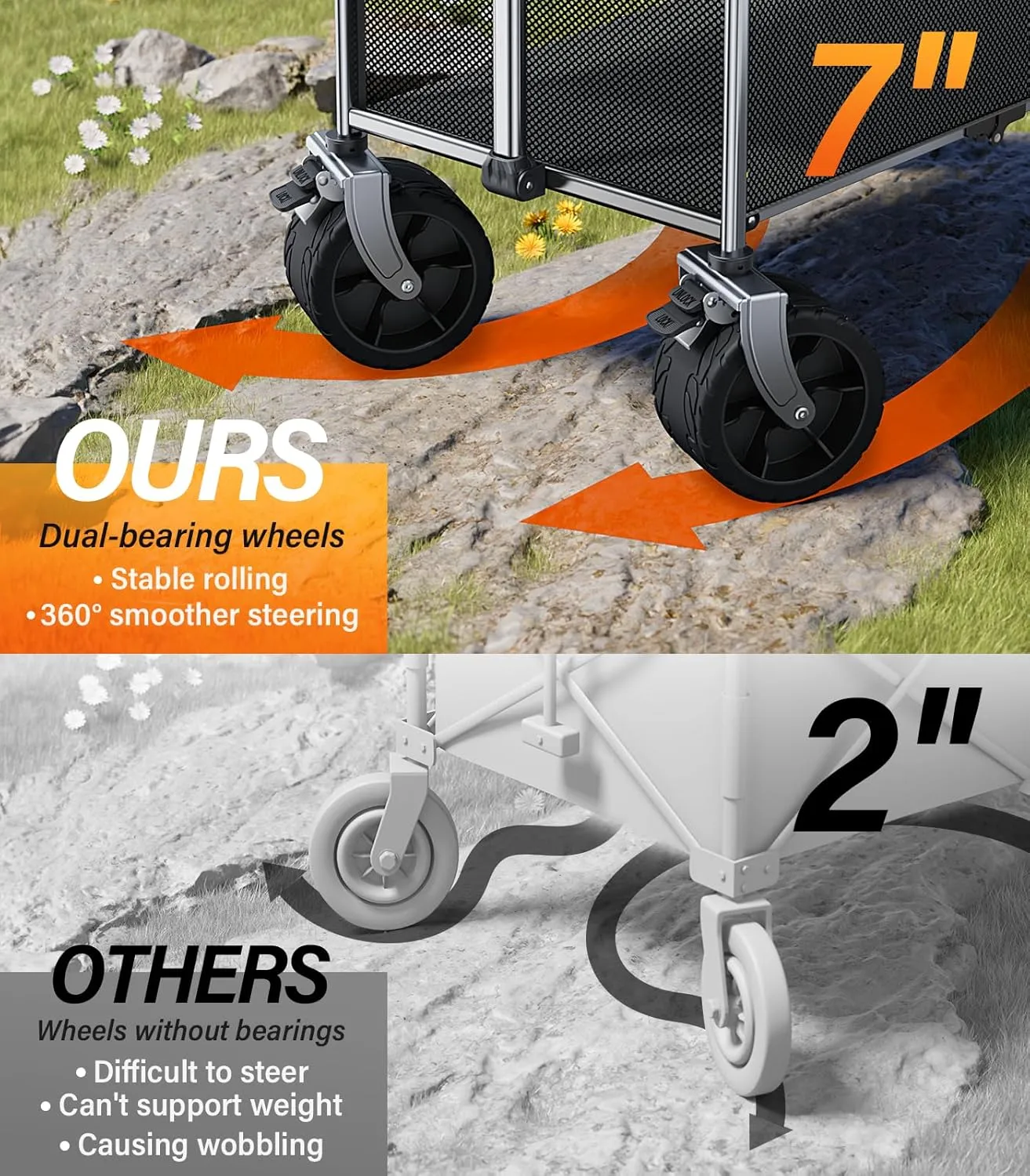 Collapsible Wagon Double Decker Wagons Carts Foldable for All Terrain, Grey