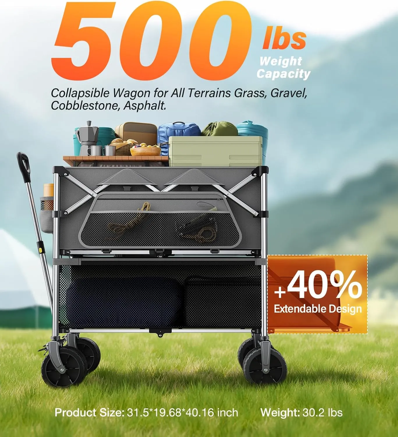 Collapsible Wagon Double Decker Wagons Carts Foldable for All Terrain, Grey