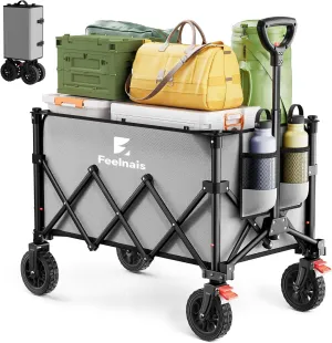 Collapsible Wagon with Wheels, Feelnais Folding Wagon Cart with Adjustable Handle, 135L Portable Utility Wagon for Grocery Garden Shopping Camping Sports Beach (Grey)
