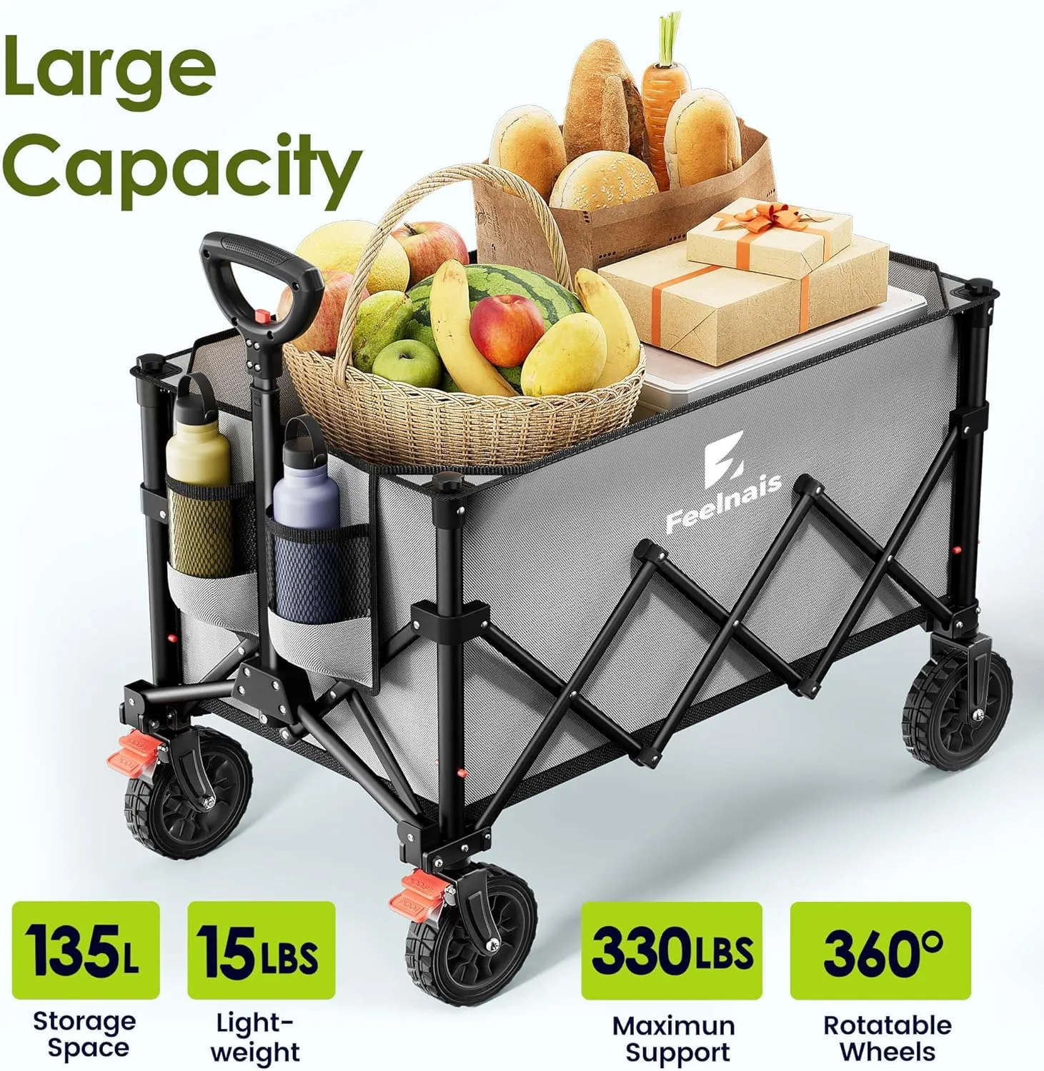 Collapsible Wagon with Wheels, Feelnais Folding Wagon Cart with Adjustable Handle, 135L Portable Utility Wagon for Grocery Garden Shopping Camping Sports Beach (Grey)