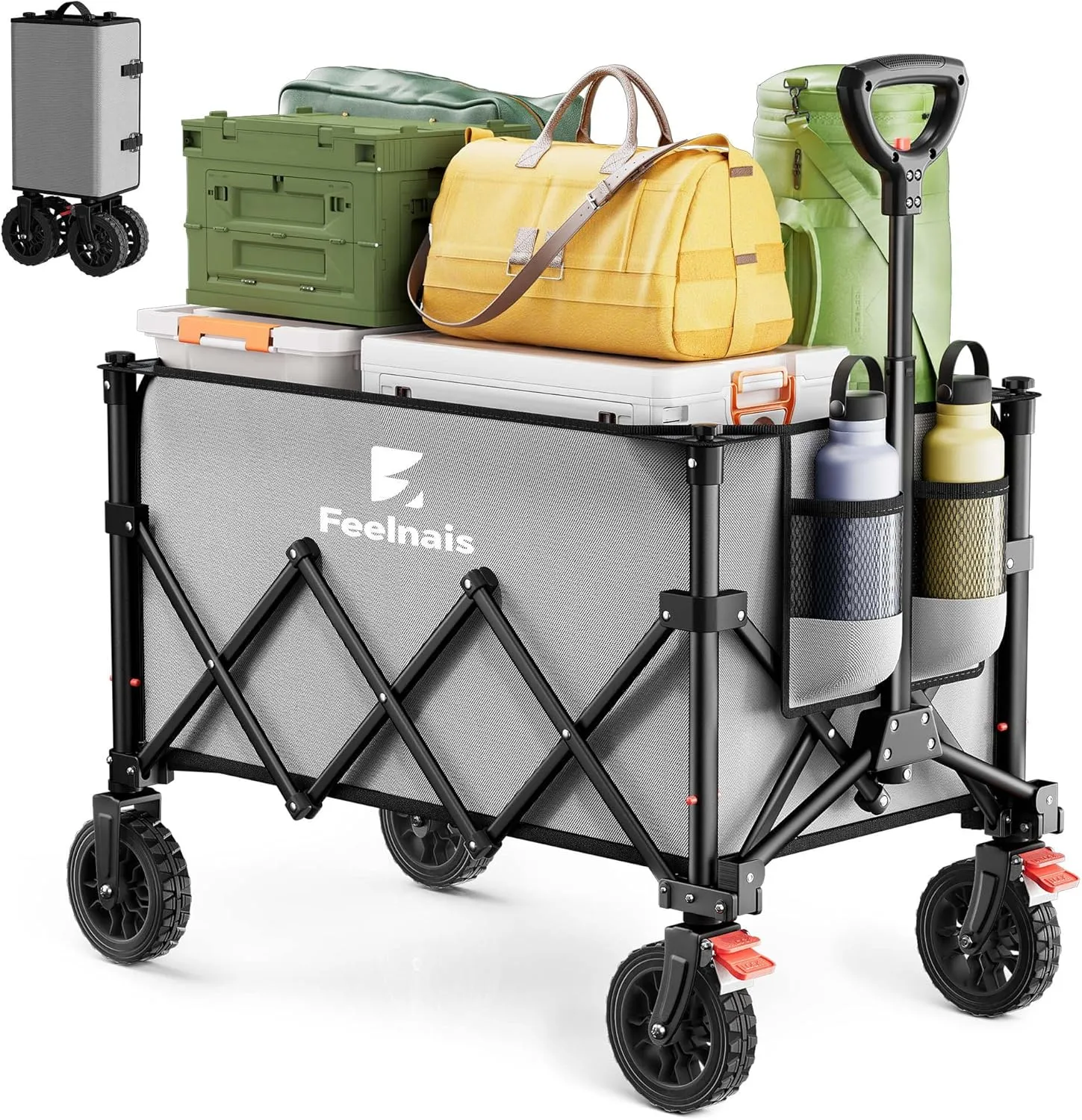 Collapsible Wagon with Wheels, Feelnais Folding Wagon Cart with Adjustable Handle, 135L Portable Utility Wagon for Grocery Garden Shopping Camping Sports Beach (Grey)