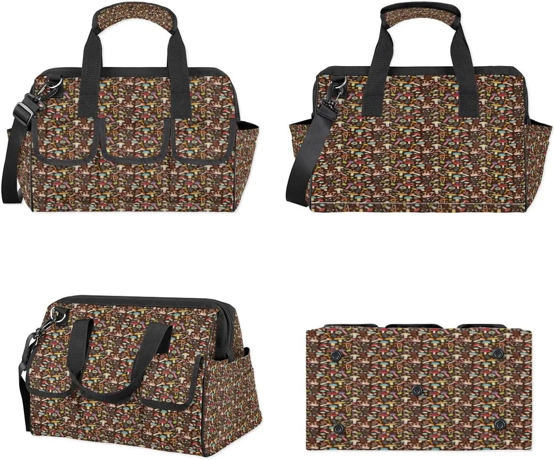 Color Mushroom Fungus Plant Printing Tool Bag for Men Women Heavy Duty Multi-Pockets Wide Mouth Tool Tote Waterproof Tool Bag Organizer with Adjustable Shoulder Strap
