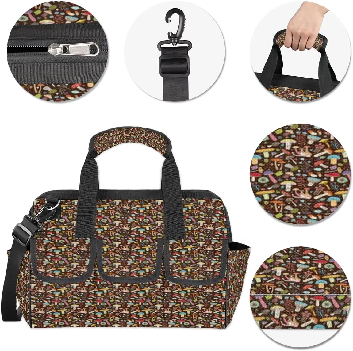 Color Mushroom Fungus Plant Printing Tool Bag for Men Women Heavy Duty Multi-Pockets Wide Mouth Tool Tote Waterproof Tool Bag Organizer with Adjustable Shoulder Strap