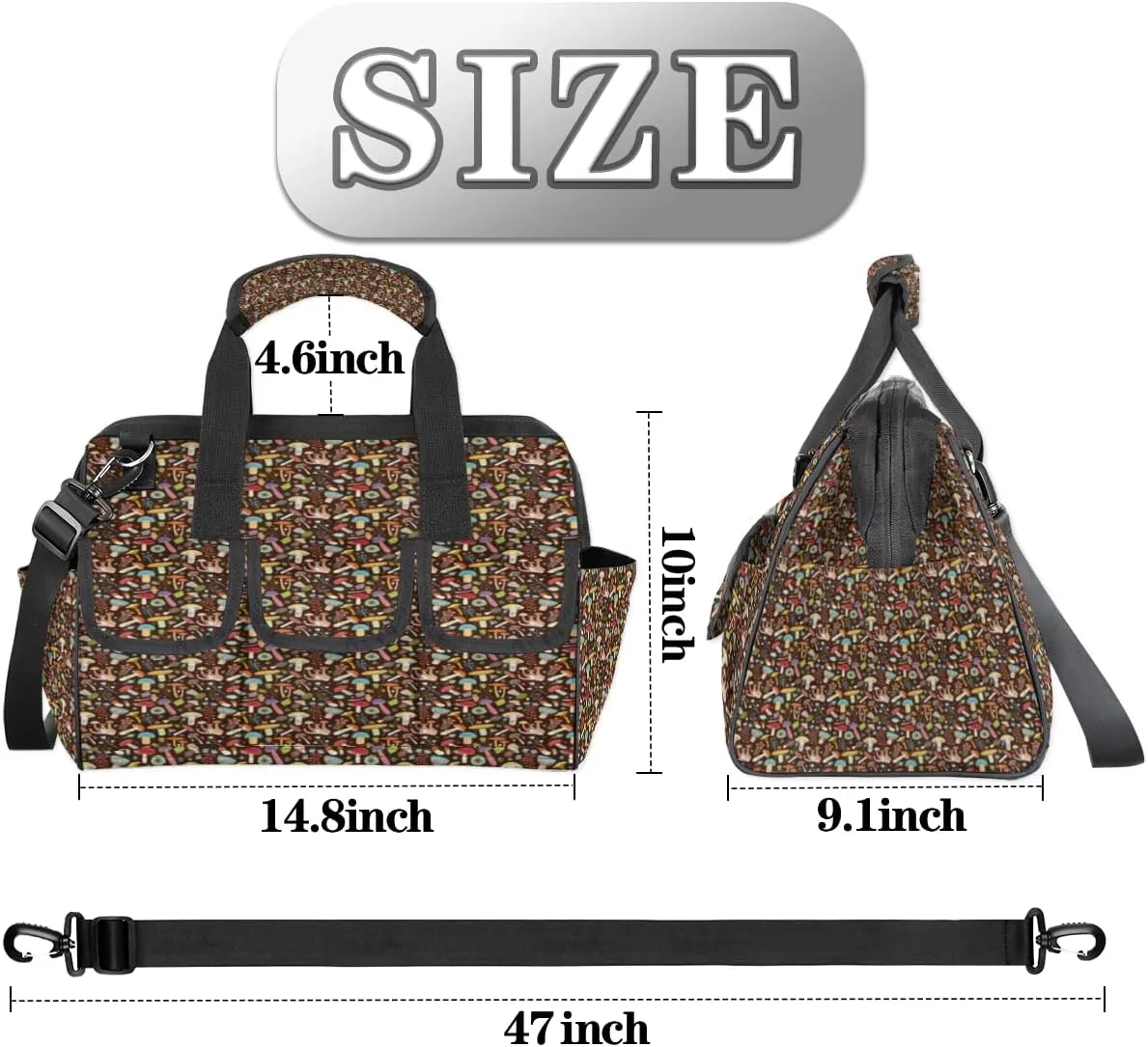 Color Mushroom Fungus Plant Printing Tool Bag for Men Women Heavy Duty Multi-Pockets Wide Mouth Tool Tote Waterproof Tool Bag Organizer with Adjustable Shoulder Strap