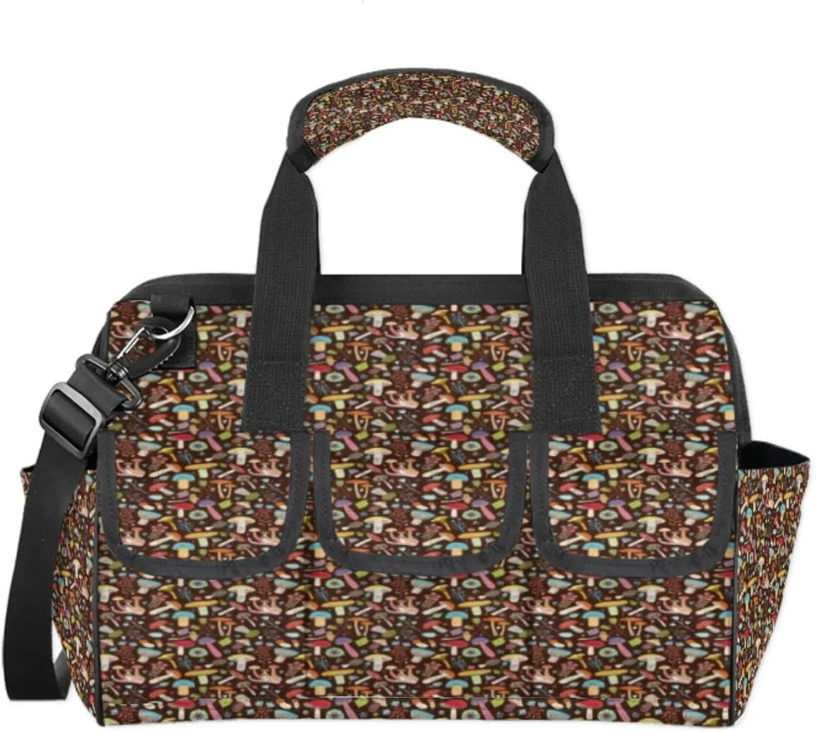 Color Mushroom Fungus Plant Printing Tool Bag for Men Women Heavy Duty Multi-Pockets Wide Mouth Tool Tote Waterproof Tool Bag Organizer with Adjustable Shoulder Strap