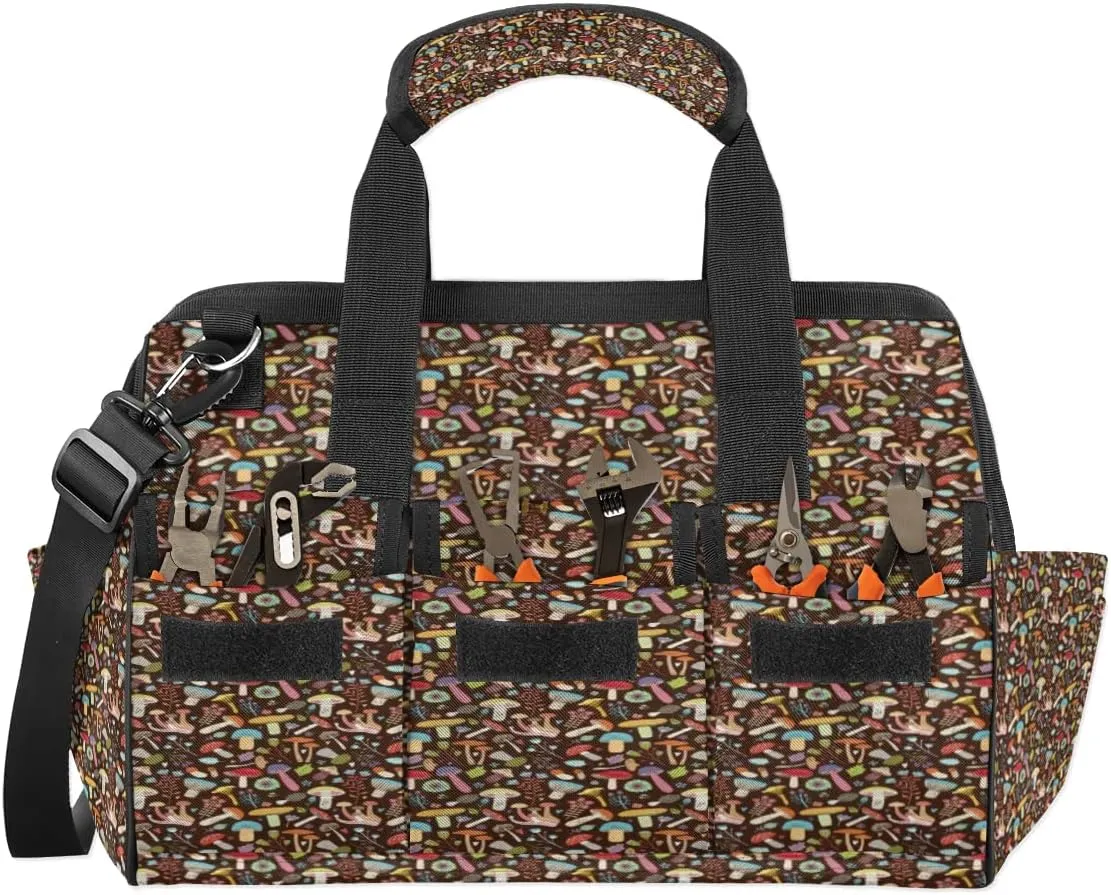 Color Mushroom Fungus Plant Printing Tool Bag for Men Women Heavy Duty Multi-Pockets Wide Mouth Tool Tote Waterproof Tool Bag Organizer with Adjustable Shoulder Strap