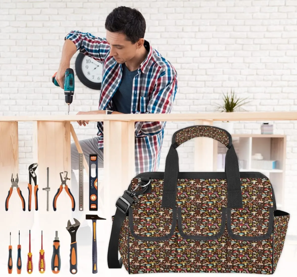 Color Mushroom Fungus Plant Printing Tool Bag for Men Women Heavy Duty Multi-Pockets Wide Mouth Tool Tote Waterproof Tool Bag Organizer with Adjustable Shoulder Strap