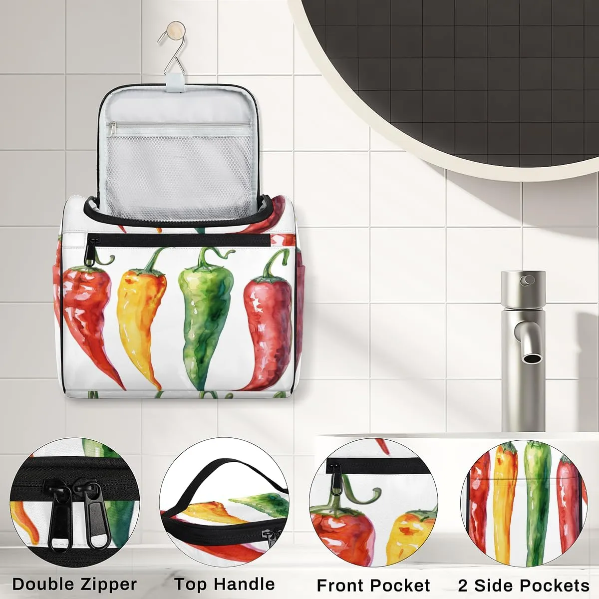 Colorful Chili Pepper Travel Toiletry Bag for Women Large Capacity Wide-open Makeup Organizer Cosmetic Travel Bags for Toiletries