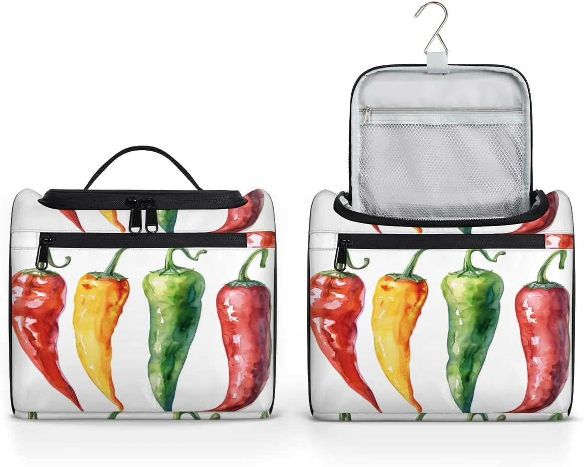 Colorful Chili Pepper Travel Toiletry Bag for Women Large Capacity Wide-open Makeup Organizer Cosmetic Travel Bags for Toiletries