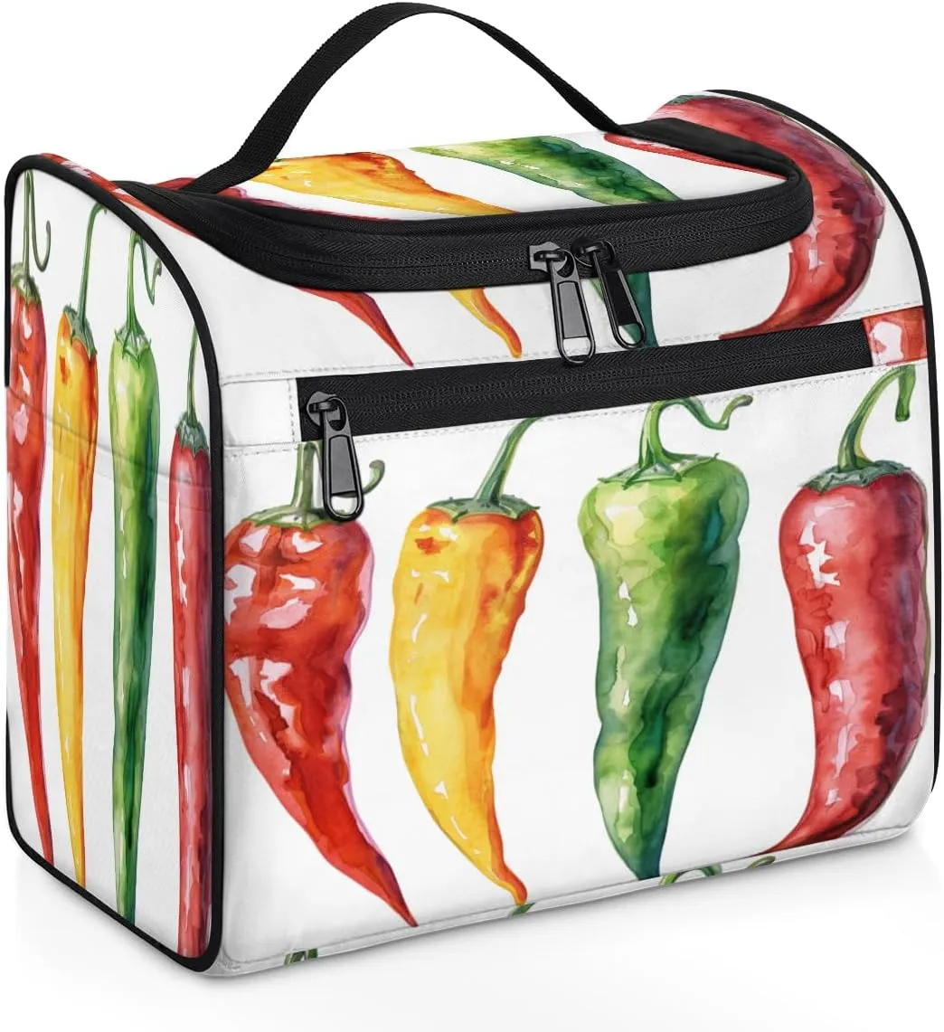 Colorful Chili Pepper Travel Toiletry Bag for Women Large Capacity Wide-open Makeup Organizer Cosmetic Travel Bags for Toiletries