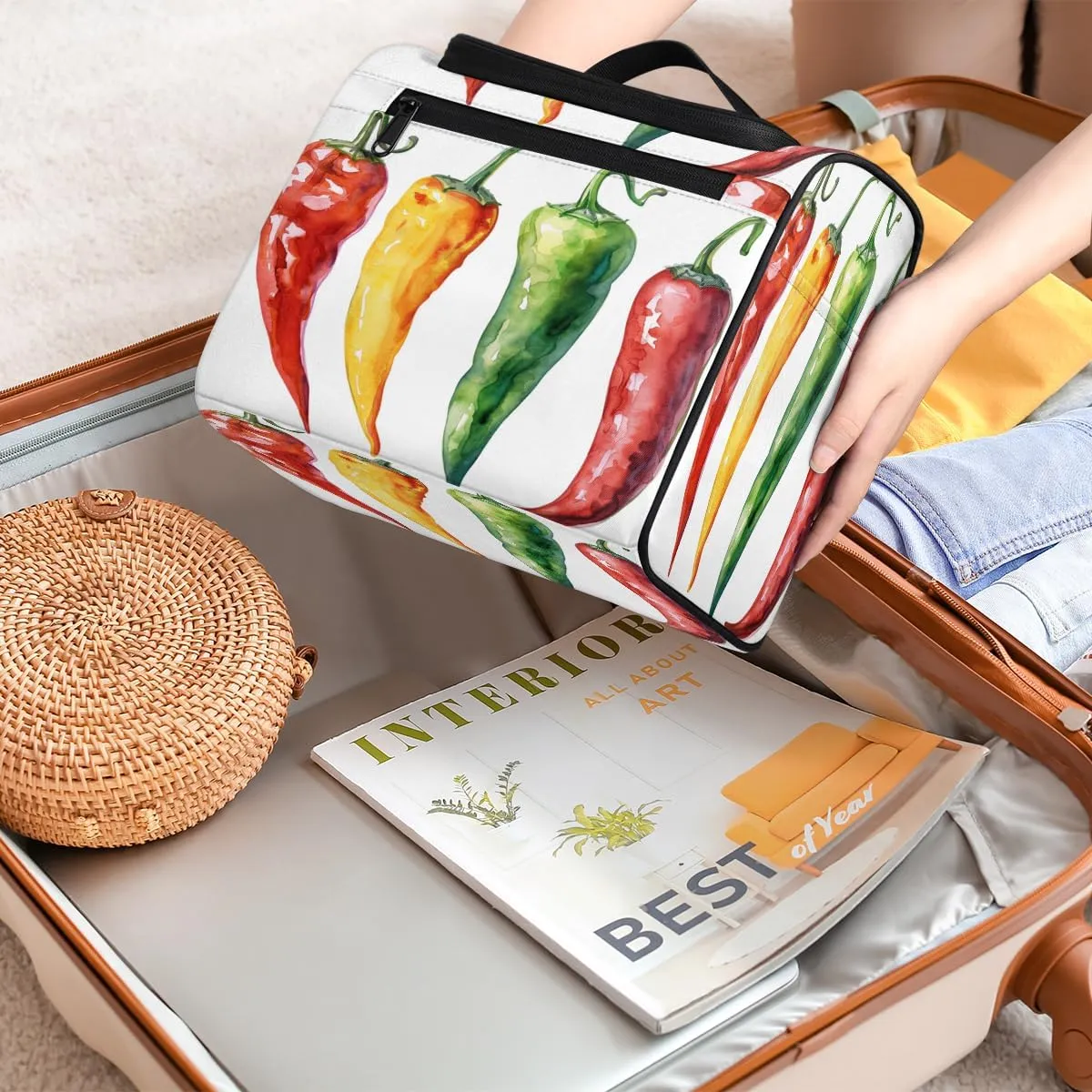 Colorful Chili Pepper Travel Toiletry Bag for Women Large Capacity Wide-open Makeup Organizer Cosmetic Travel Bags for Toiletries