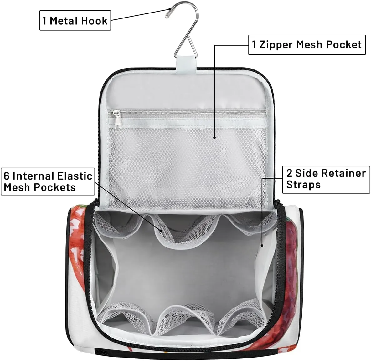 Colorful Chili Pepper Travel Toiletry Bag for Women Large Capacity Wide-open Makeup Organizer Cosmetic Travel Bags for Toiletries