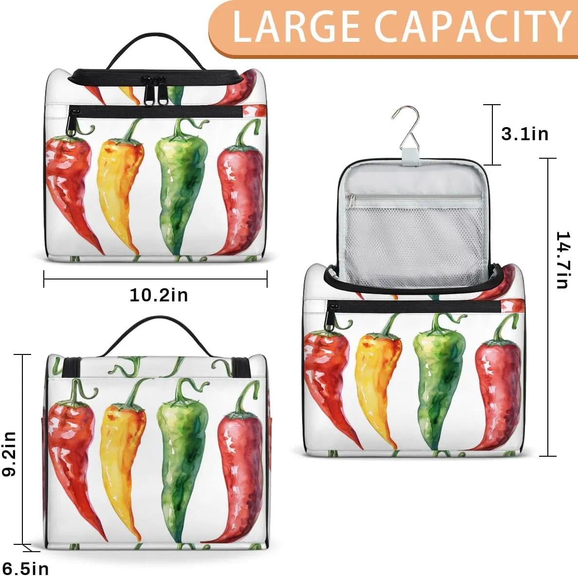 Colorful Chili Pepper Travel Toiletry Bag for Women Large Capacity Wide-open Makeup Organizer Cosmetic Travel Bags for Toiletries