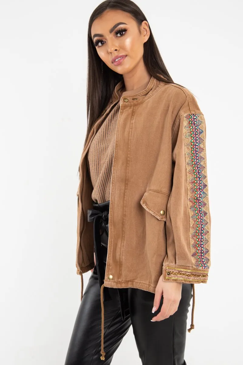 Convenient Detail Jacket Embroidered Camel Denim Parka Kaori Sleeve - Versatile product line