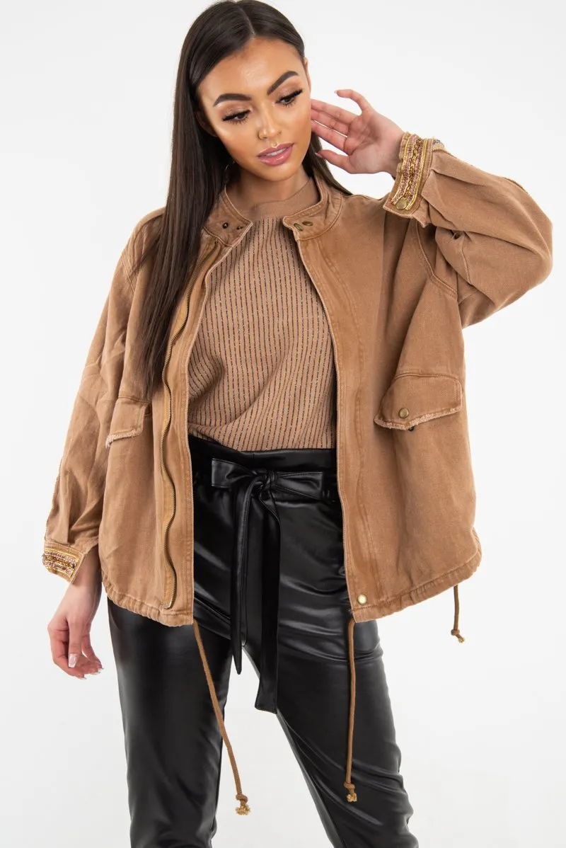 Convenient Detail Jacket Embroidered Camel Denim Parka Kaori Sleeve - Versatile product line