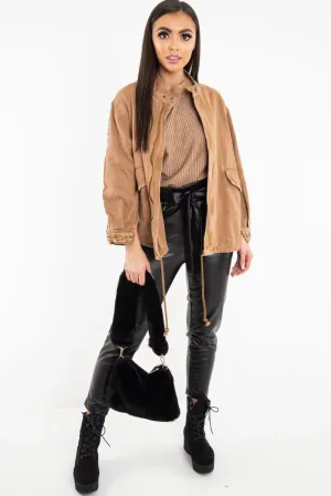 Convenient Detail Jacket Embroidered Camel Denim Parka Kaori Sleeve - Versatile product line