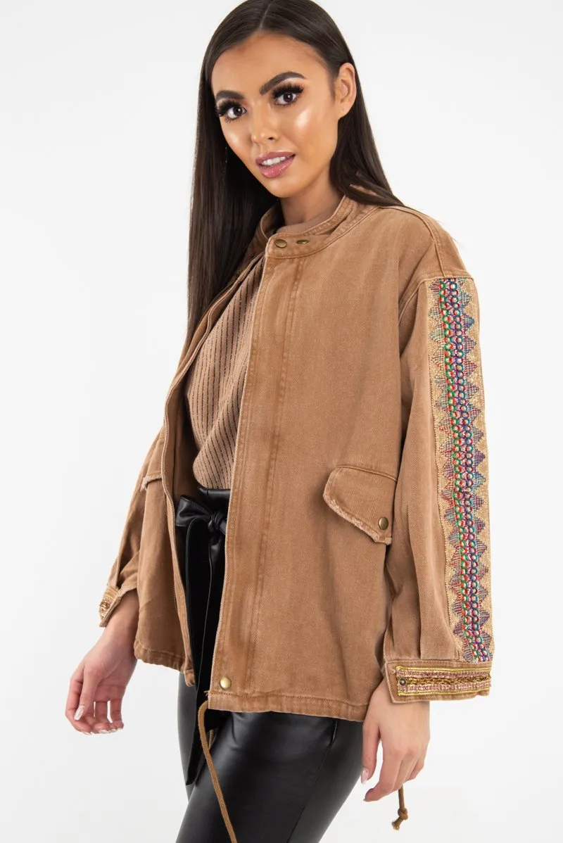 Convenient Detail Jacket Embroidered Camel Denim Parka Kaori Sleeve - Versatile product line