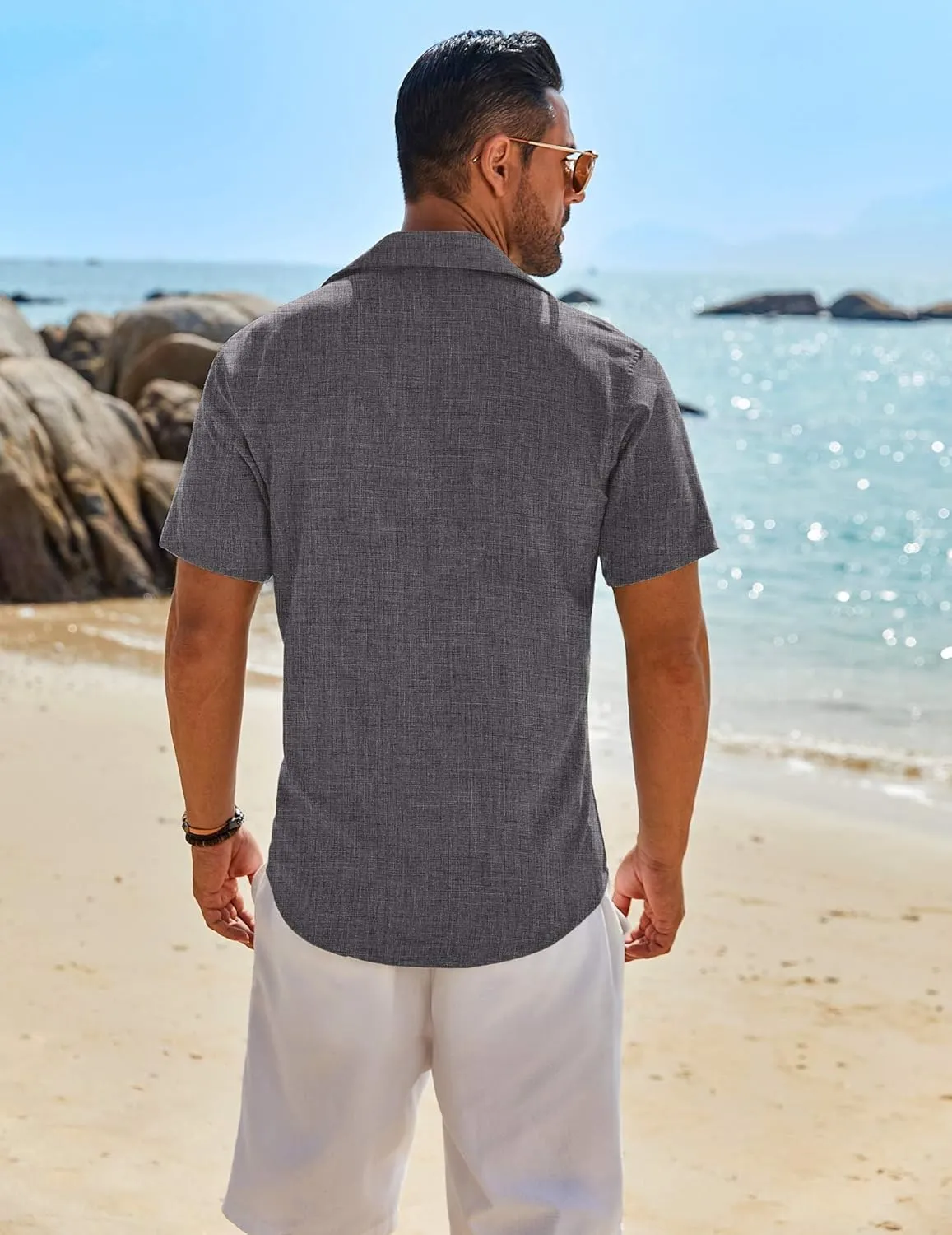 COOFANDY Mens Button Down Shirt Short Sleeve Casual Shirts Beach Summer Linen Shirts Wedding Vacation Shirt