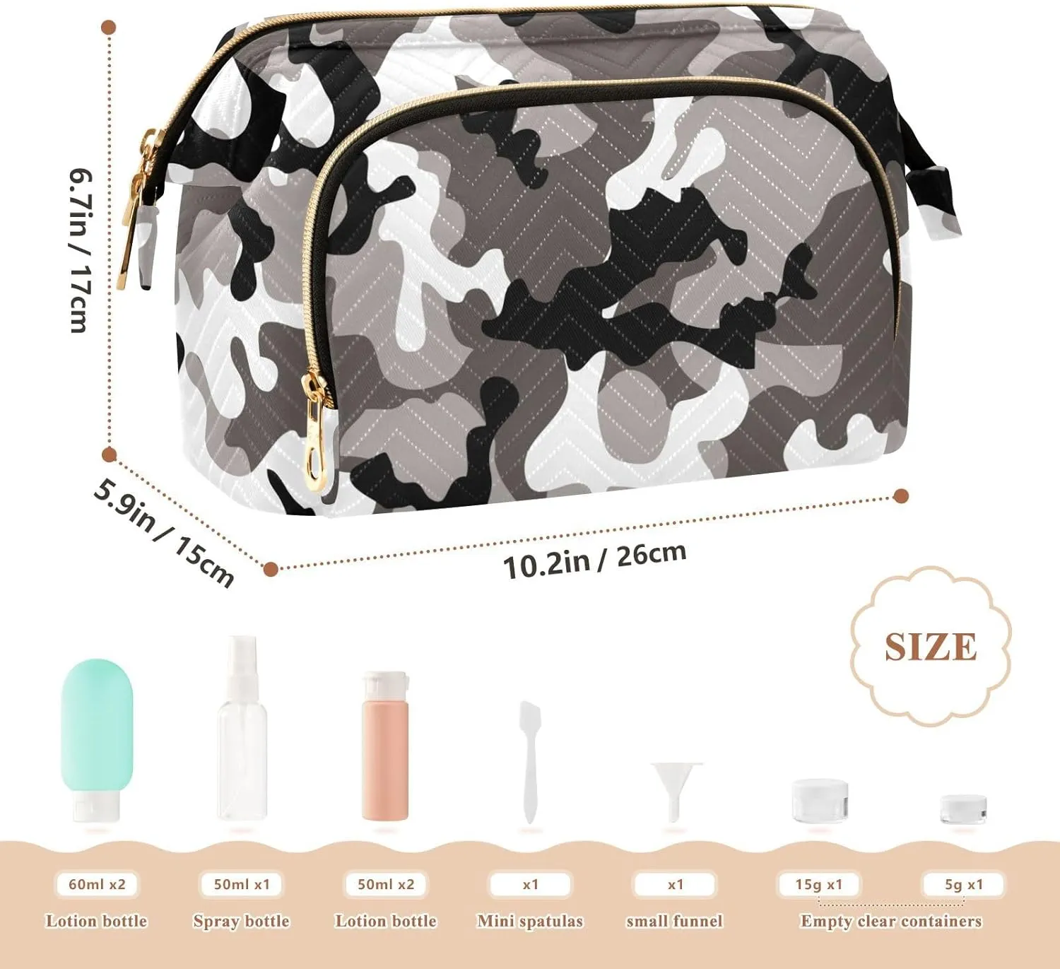 Cosmetic Bag Gray White Camo Makeup Bag TSA Approved Toiletry Bottle Set Travel Pouch Skin Care Routine Container Organizer Short Trip Weekender Zipper Handbag