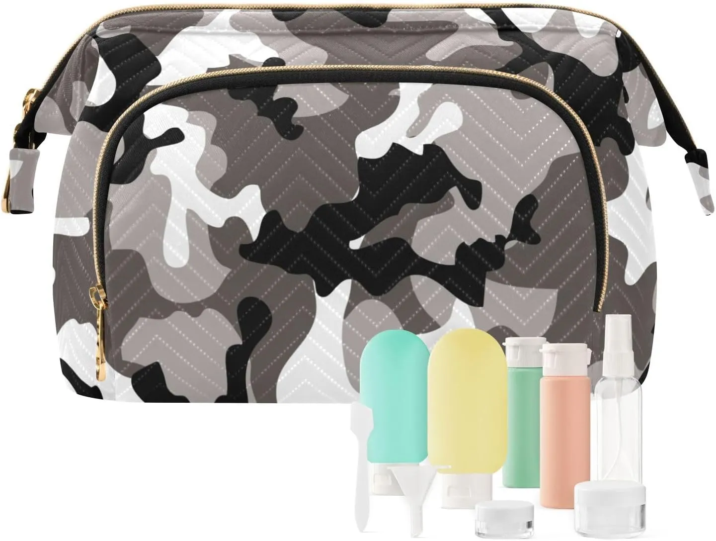 Cosmetic Bag Gray White Camo Makeup Bag TSA Approved Toiletry Bottle Set Travel Pouch Skin Care Routine Container Organizer Short Trip Weekender Zipper Handbag