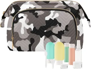 Cosmetic Bag Gray White Camo Makeup Bag TSA Approved Toiletry Bottle Set Travel Pouch Skin Care Routine Container Organizer Short Trip Weekender Zipper Handbag
