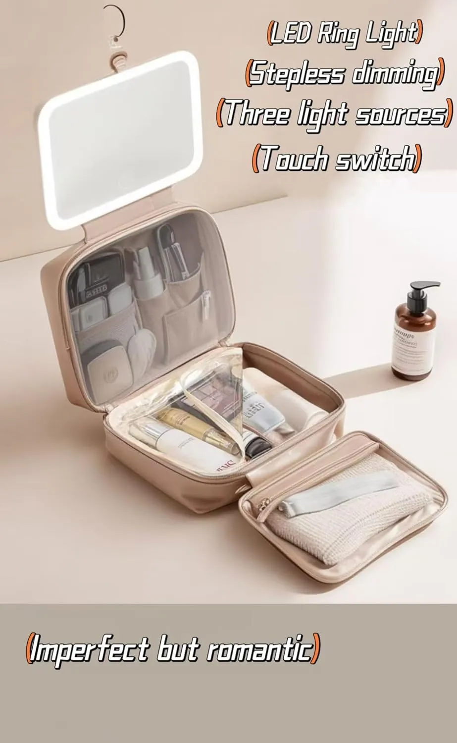 Cosmetic bag Travel cosmetic bag Travel toiletry bag Portable large capacity travel cosmetic bag Cosmetic bag with LED ring light three-speed light source (Eggshell White/Full Screen Mirror)