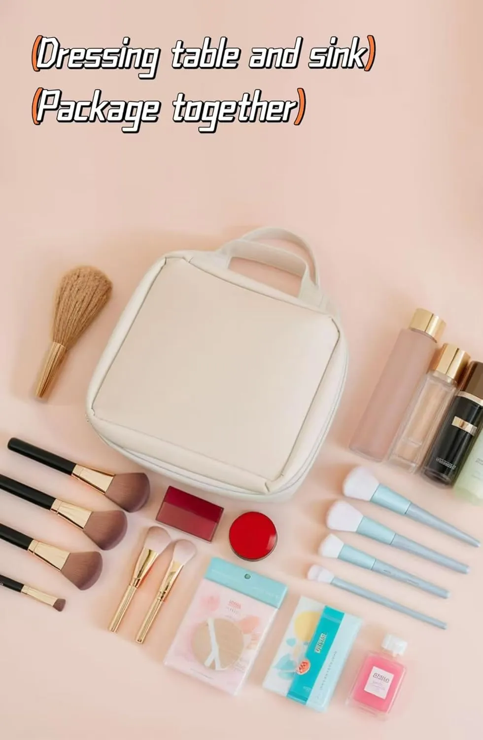 Cosmetic bag Travel cosmetic bag Travel toiletry bag Portable large capacity travel cosmetic bag Cosmetic bag with LED ring light three-speed light source (Eggshell White/Full Screen Mirror)