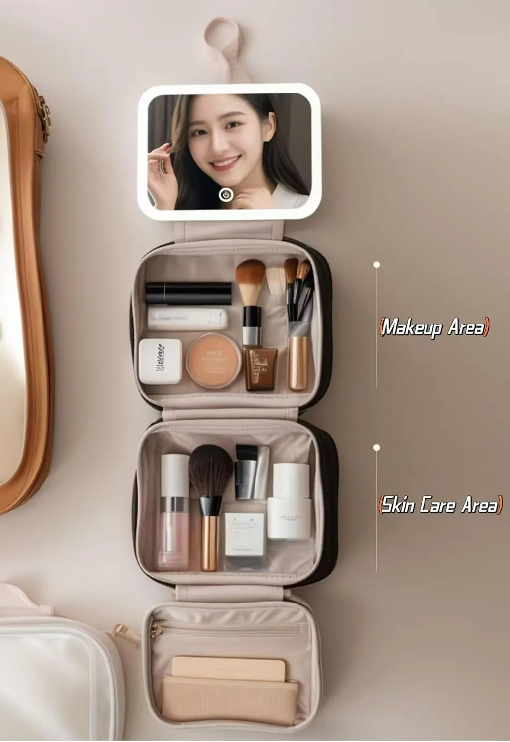 Cosmetic bag Travel cosmetic bag Travel toiletry bag Portable large capacity travel cosmetic bag Cosmetic bag with LED ring light three-speed light source (Eggshell White/Full Screen Mirror)