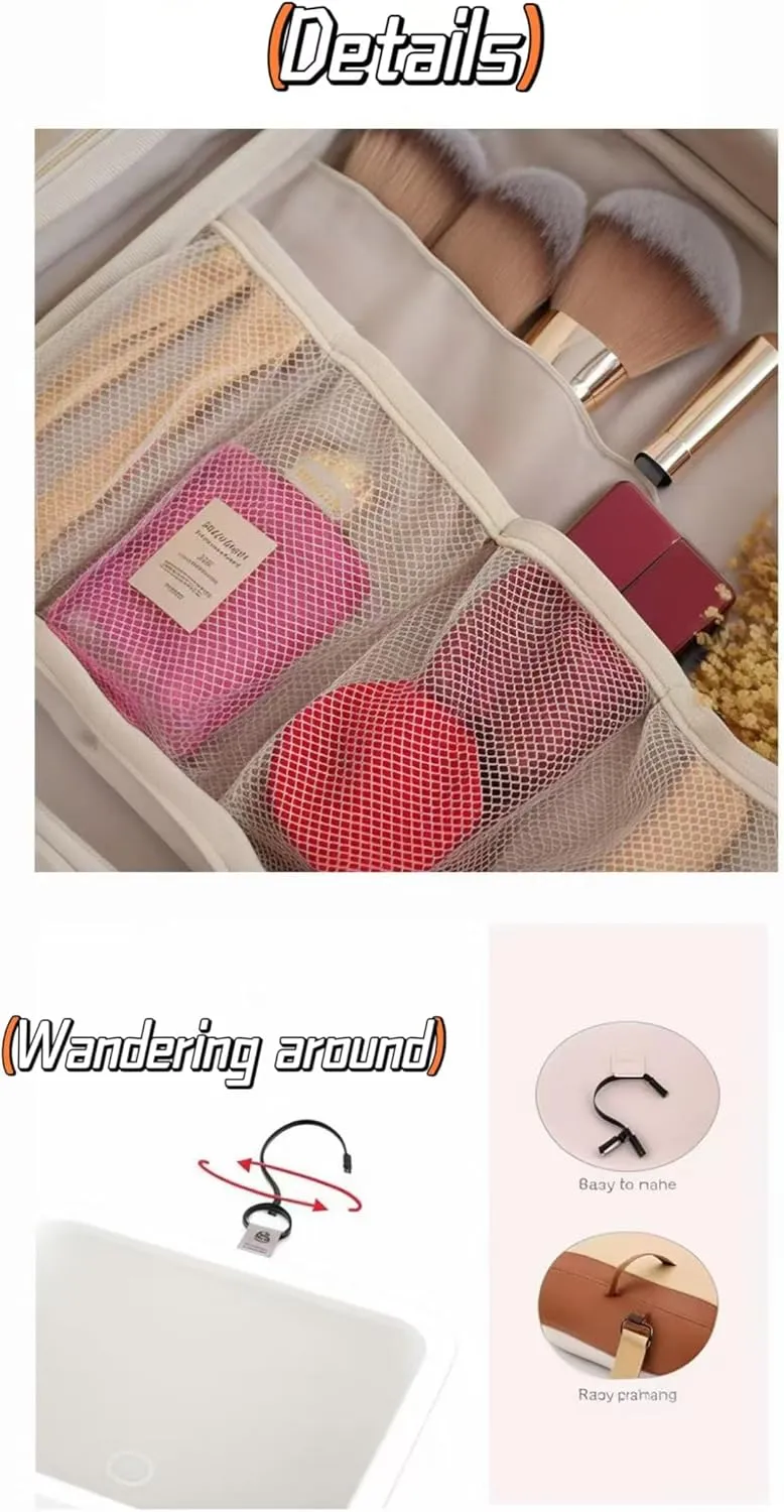 Cosmetic bag Travel cosmetic bag Travel toiletry bag Portable large capacity travel cosmetic bag Cosmetic bag with LED ring light three-speed light source (Eggshell White/Full Screen Mirror)