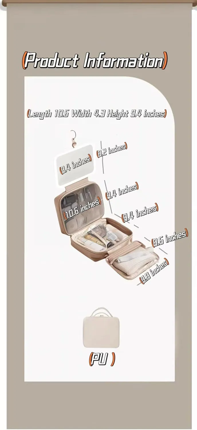 Cosmetic bag Travel cosmetic bag Travel toiletry bag Portable large capacity travel cosmetic bag Cosmetic bag with LED ring light three-speed light source (Eggshell White/Full Screen Mirror)