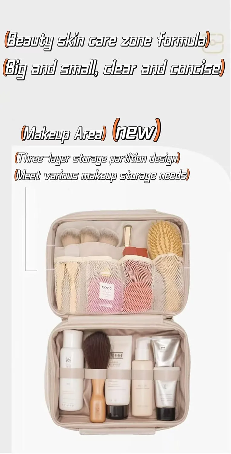 Cosmetic bag Travel cosmetic bag Travel toiletry bag Portable large capacity travel cosmetic bag Cosmetic bag with LED ring light three-speed light source (Eggshell White/Full Screen Mirror)