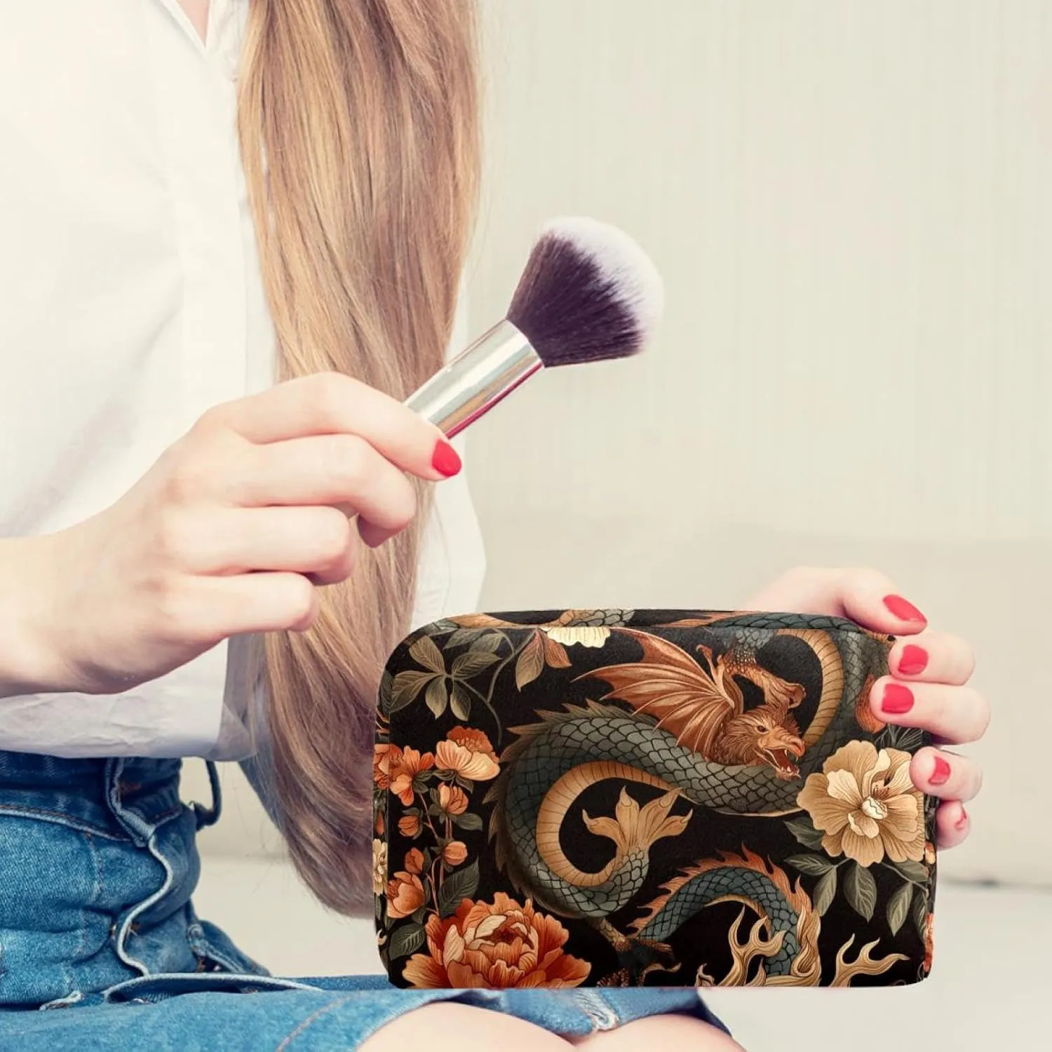 Cosmetic Bag Vintage Dragon Flower Travel Makeup Bag Portable Travel Toiletry Bag Makeup Organizer Bag 7.3x3x5.1in