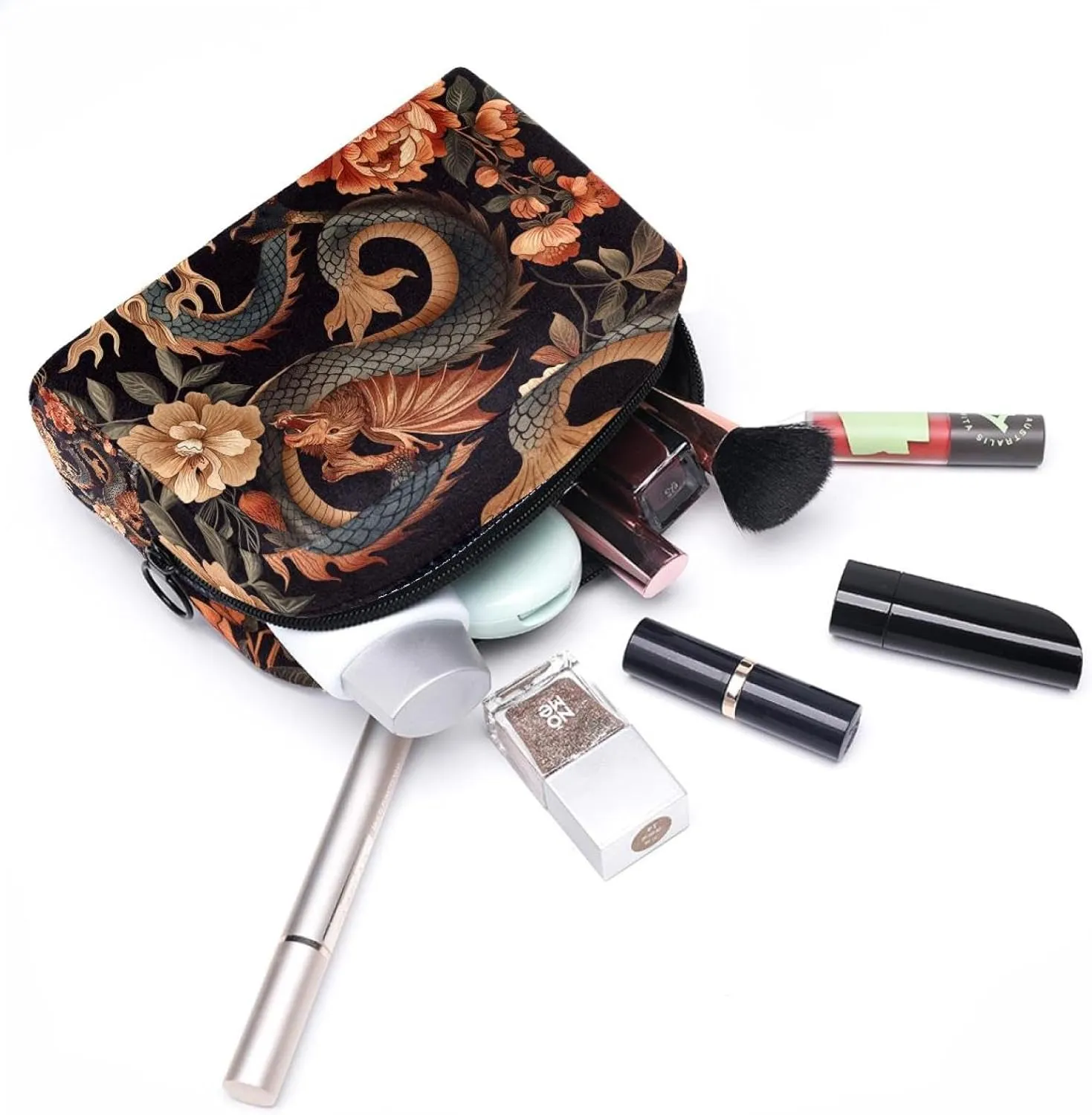 Cosmetic Bag Vintage Dragon Flower Travel Makeup Bag Portable Travel Toiletry Bag Makeup Organizer Bag 7.3x3x5.1in