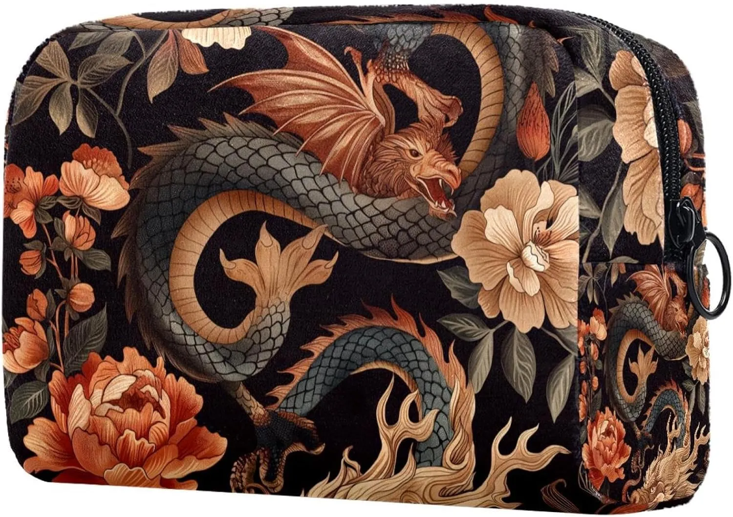 Cosmetic Bag Vintage Dragon Flower Travel Makeup Bag Portable Travel Toiletry Bag Makeup Organizer Bag 7.3x3x5.1in