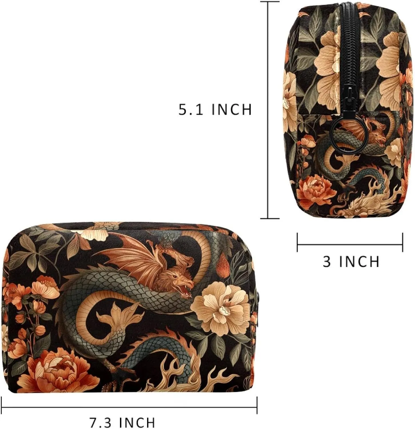 Cosmetic Bag Vintage Dragon Flower Travel Makeup Bag Portable Travel Toiletry Bag Makeup Organizer Bag 7.3x3x5.1in